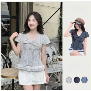 Áo sơ mi nơ kẻ sọc cổ tim