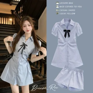 Váy sơ mi kẻ sọc nơ