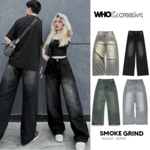 SMOKE GREY WIDE LEG JEANS - Quần jeans GRIND Wash ống rộng phong cách Retro Ulzzang Hàn Quốc 2023